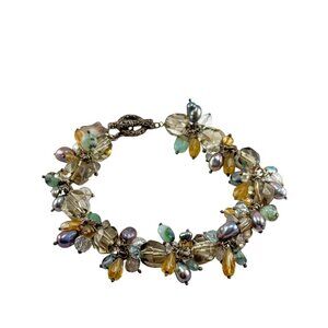 Vintage Multi Gemstone Cluster Bracelet Citrine Quartz Pearl Sterling Silver